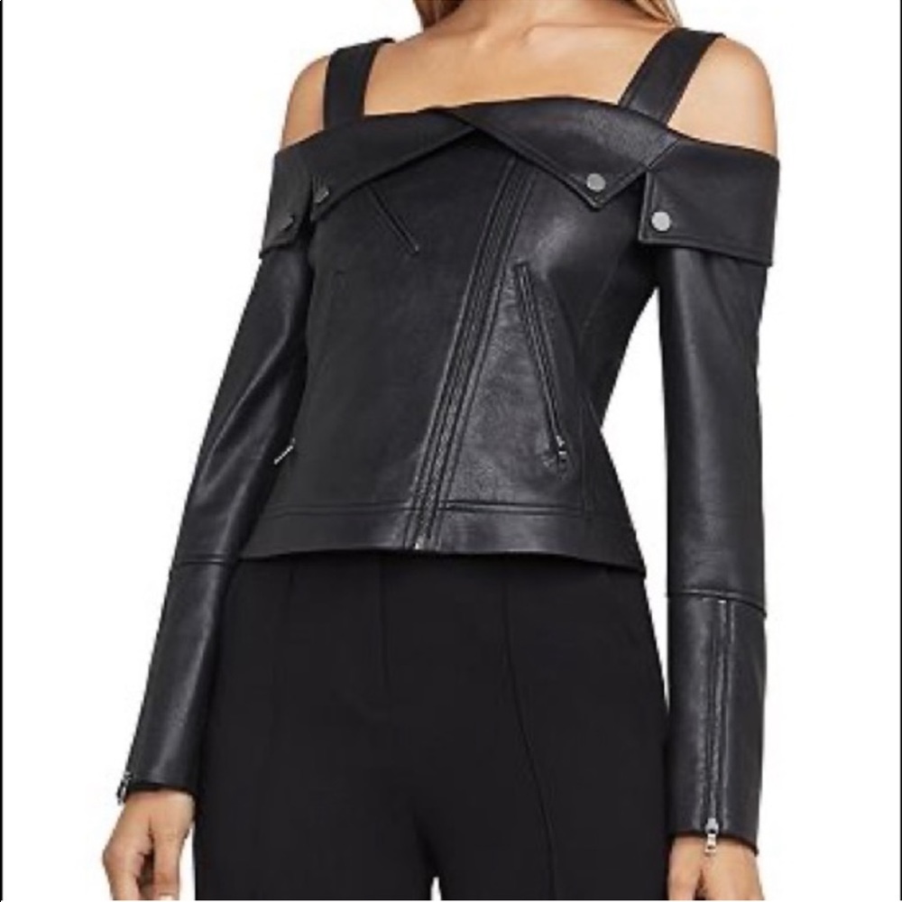 BCBG leather off shoulder jacket